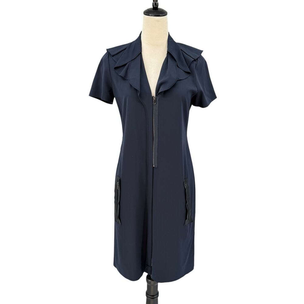 Elie Tahari Dark Navy Silk Blend Ruffle Collar Zip Up Knee Career Shift Dress